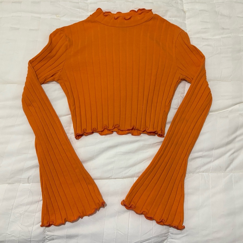 Ribbed Lettuce Hem Flare Sleeve Mock Neck Crop Top